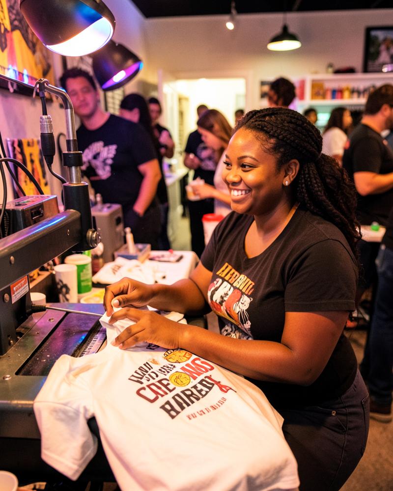 Guests designing and pressing shirts at a past Liberated Printz event